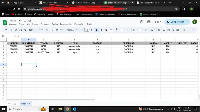 tabela google sheets